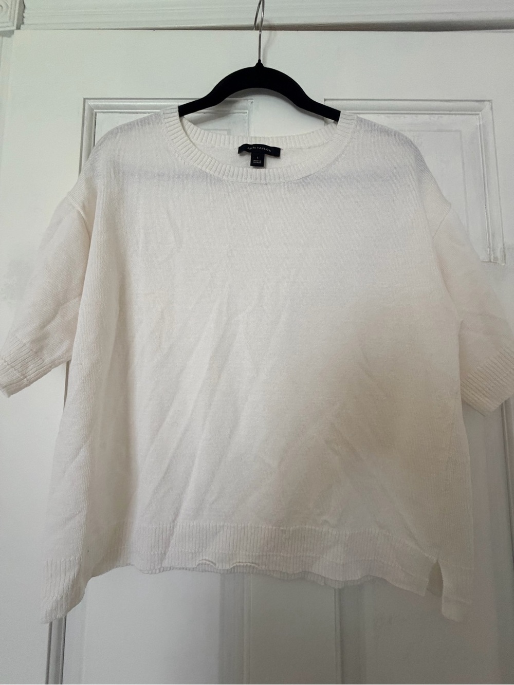 Ann Taylor White Scoopneck Ribbed Trim Linen Blend Sweater